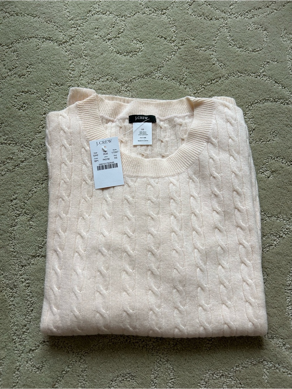 J. Crew Pale Peach Cable-Knit Crewneck Sweater
